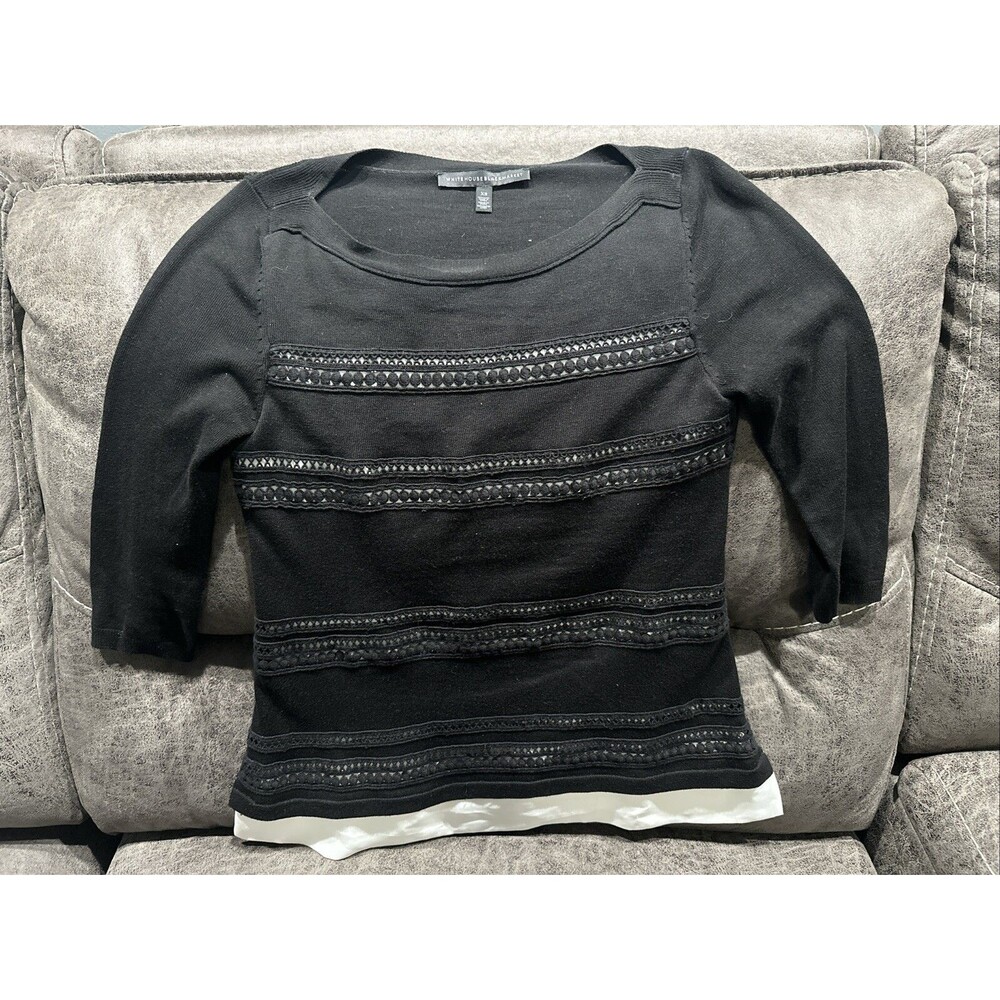 White House Black Market Women's Blouse Top XS Eyelets Crochet Lined 3/4 Sleeve